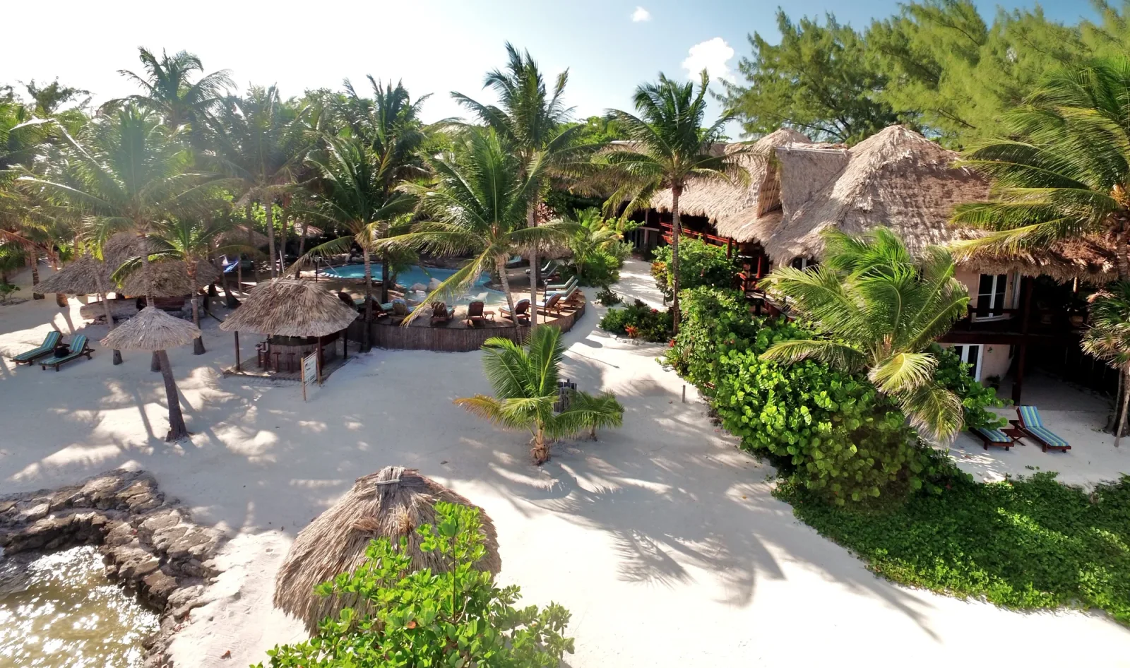 Aerial view of Xanadu Island Resort's beach, pool and thatched-roof suites in San Pedro.