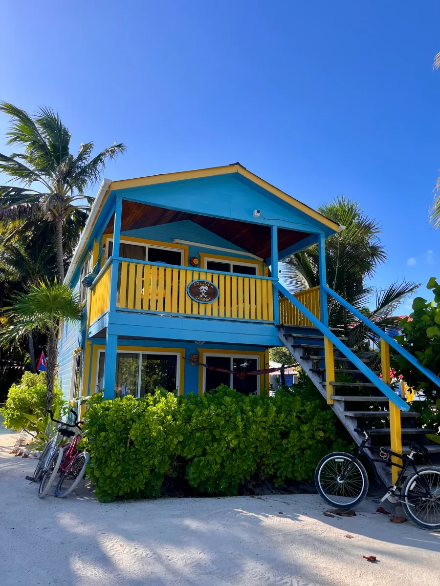 Blue and yellow beachfront cabana with balcony, stairs, bicycles, and tropical greenery at Colinda Cabanas in Caye Caulker, Belize